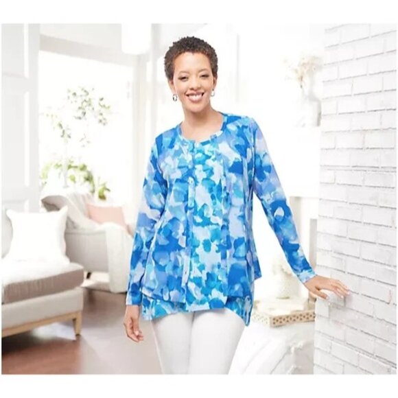 Logo Lori Goldstein Tops - LOGO Layers by Lori Goldstein Watercolor Print Mesh Cardigan Blue Sea 2X A474584